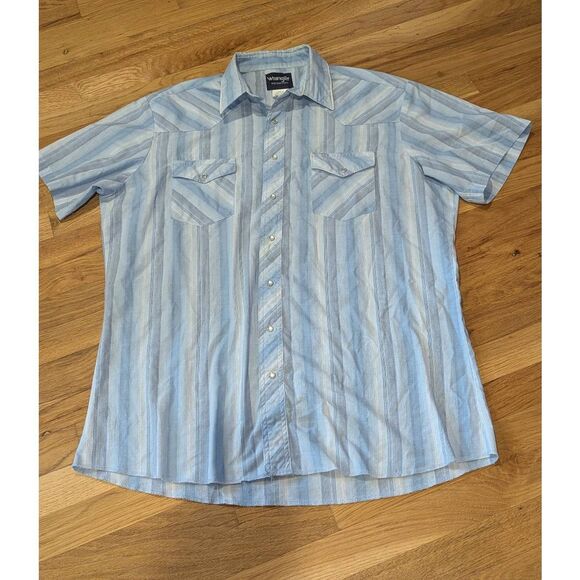 Vintage Wrangler Pearl Snap Shirt XLT XL Tall Short Sleeve Blue Striped Western - Picture 2 of 7
